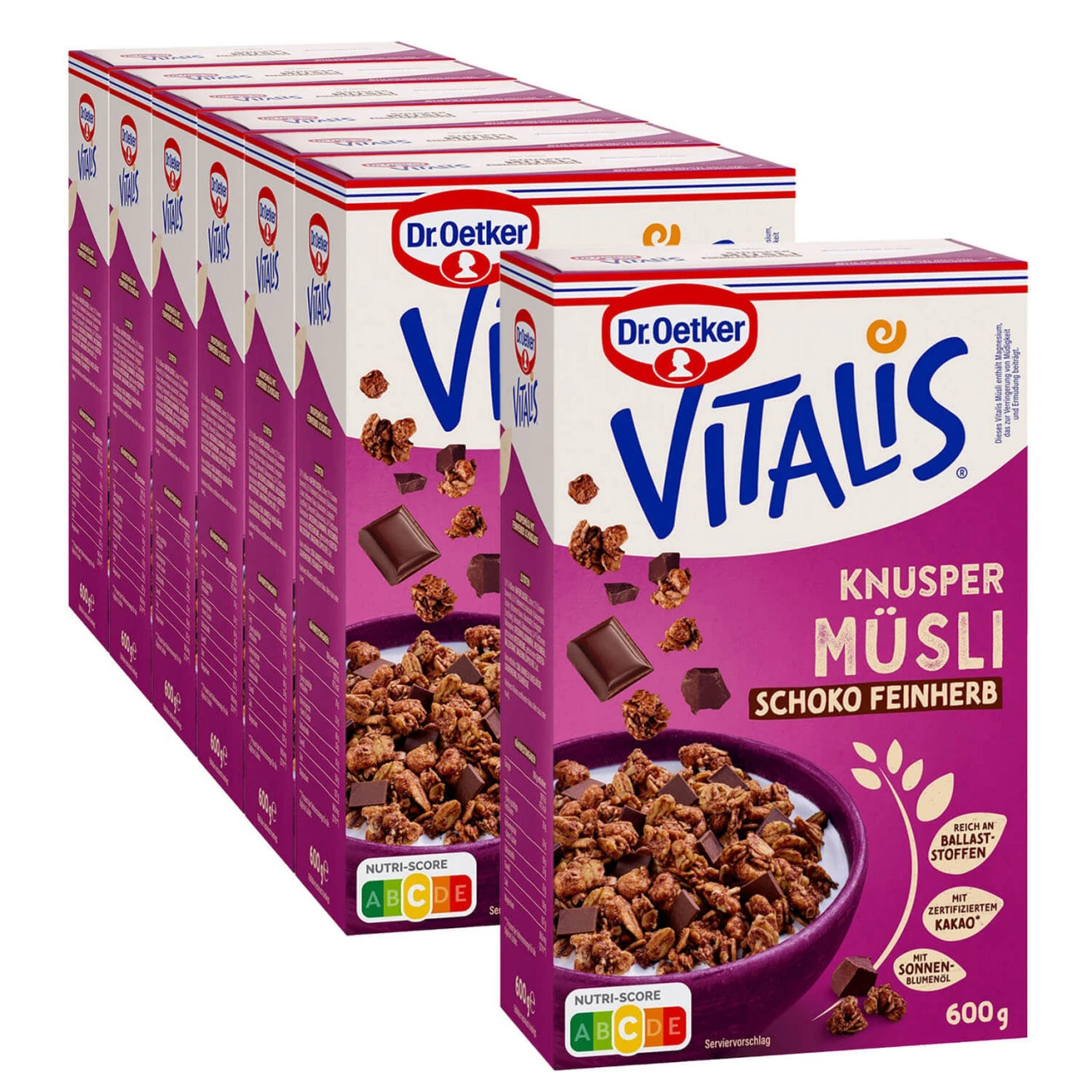 Dr. Oetker Vitalis Knuspermüsli Schoko Feinherb, 6er Pack + 1 Gratis 1 Dr. Oetker Vitalis Knuspermüsli Schoko Feinherb, 6er Pack + 1 Gratis